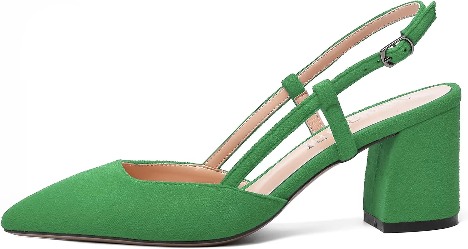 MODENCOCO Womens Pointed Toe Party Fashion Slingback Buckle Elegant Suede Chunky Mid Heel Pumps Dress Shoes 2.5 Inch