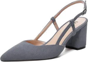 MODENCOCO Womens Pointed Toe Party Fashion Slingback Buckle Elegant Suede Chunky Mid Heel Pumps Dress Shoes 2.5 Inch