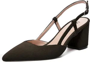 MODENCOCO Womens Pointed Toe Party Fashion Slingback Buckle Elegant Suede Chunky Mid Heel Pumps Dress Shoes 2.5 Inch