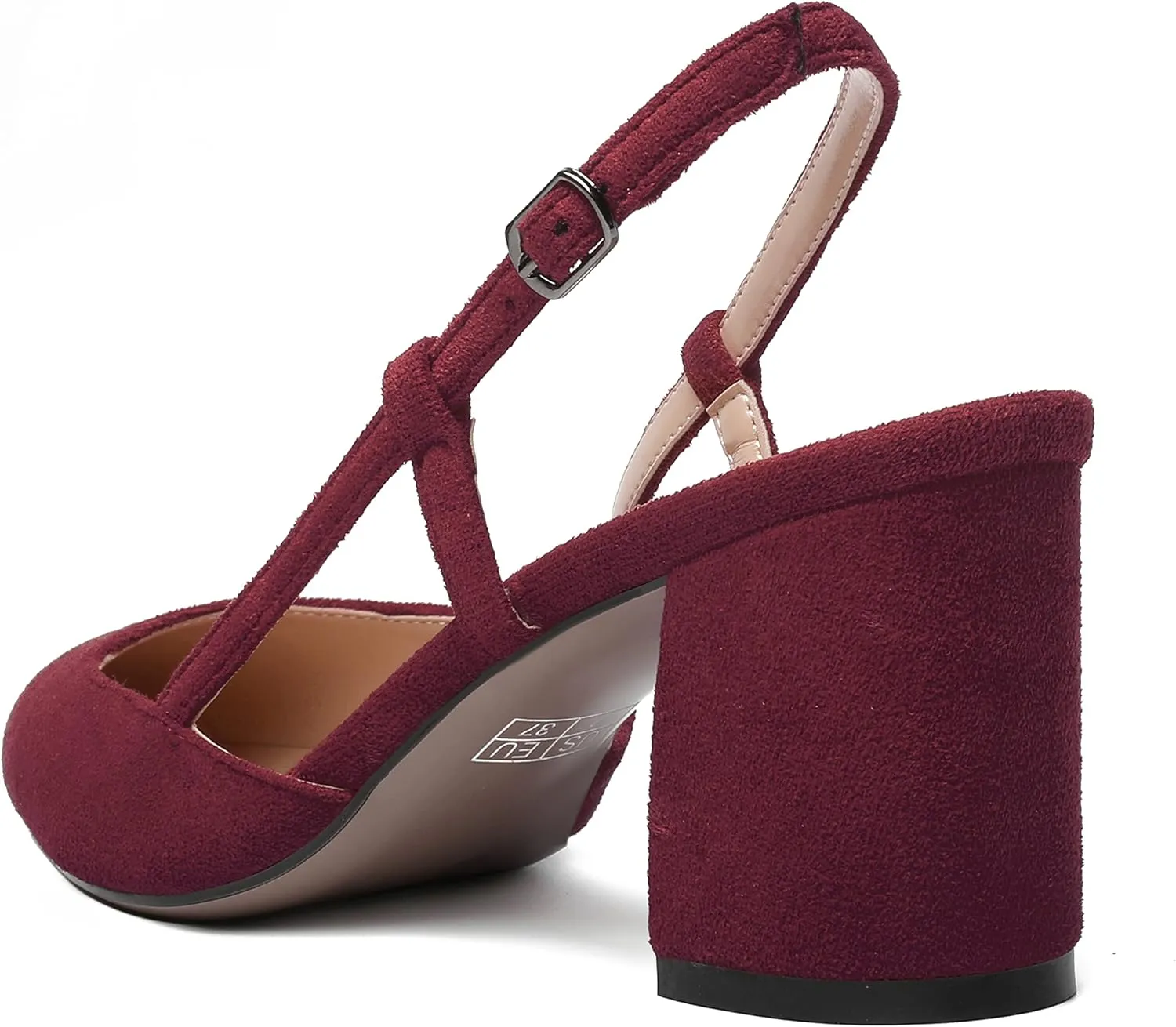 MODENCOCO Womens Pointed Toe Party Fashion Slingback Buckle Elegant Suede Chunky Mid Heel Pumps Dress Shoes 2.5 Inch