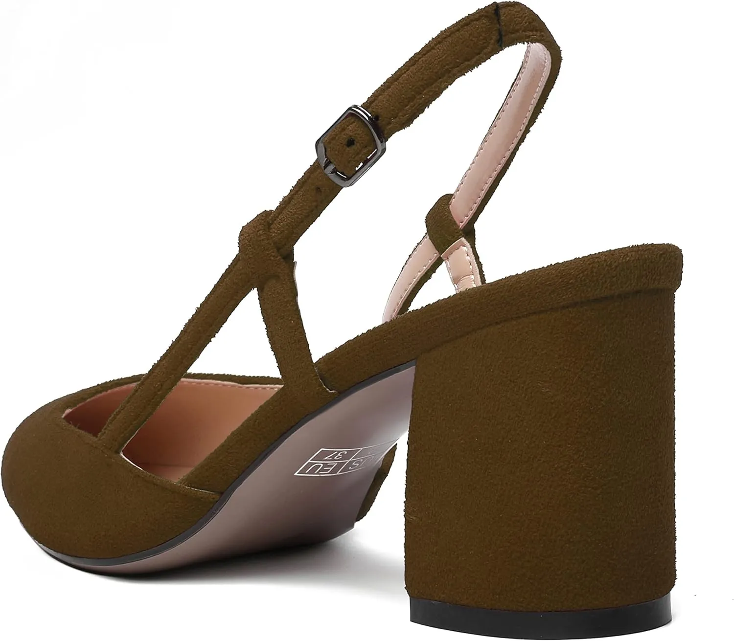MODENCOCO Womens Pointed Toe Party Fashion Slingback Buckle Elegant Suede Chunky Mid Heel Pumps Dress Shoes 2.5 Inch