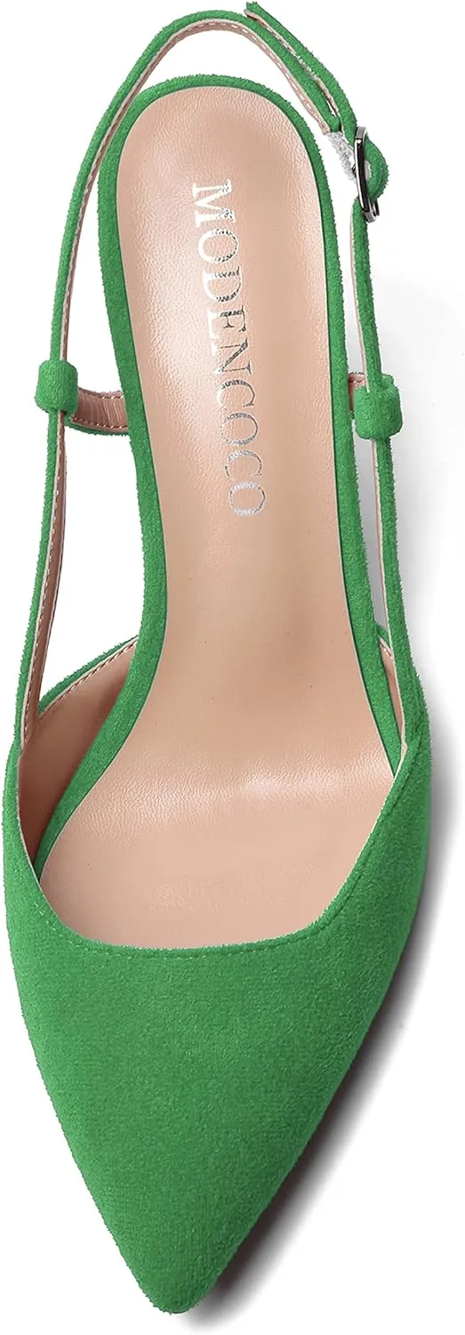 MODENCOCO Womens Pointed Toe Party Fashion Slingback Buckle Elegant Suede Chunky Mid Heel Pumps Dress Shoes 2.5 Inch