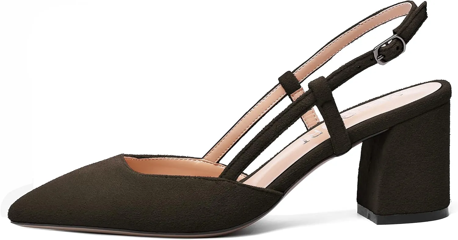 MODENCOCO Womens Pointed Toe Party Fashion Slingback Buckle Elegant Suede Chunky Mid Heel Pumps Dress Shoes 2.5 Inch