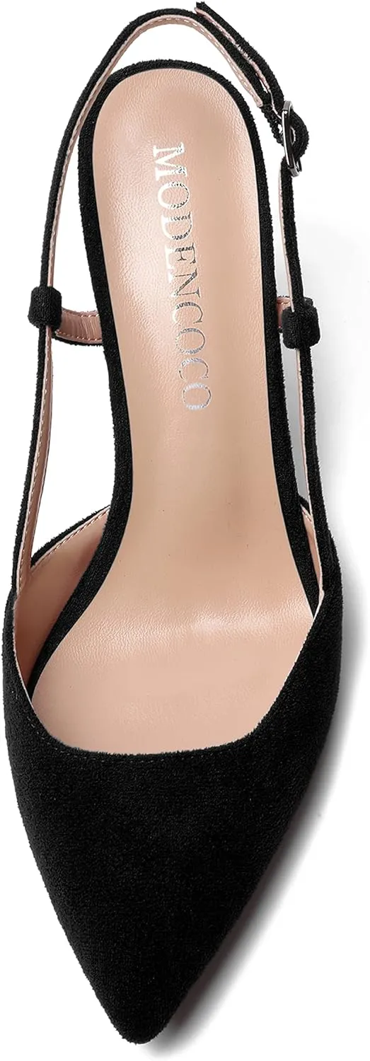 MODENCOCO Womens Pointed Toe Party Fashion Slingback Buckle Elegant Suede Chunky Mid Heel Pumps Dress Shoes 2.5 Inch