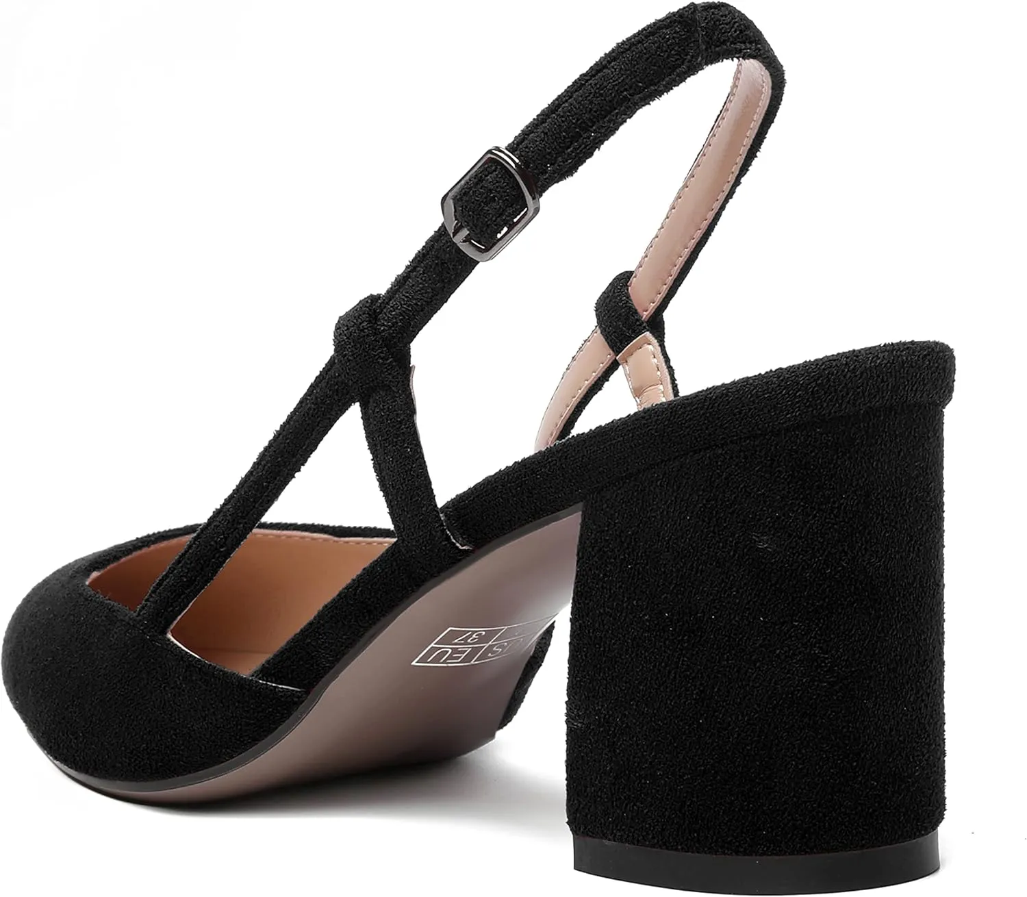 MODENCOCO Womens Pointed Toe Party Fashion Slingback Buckle Elegant Suede Chunky Mid Heel Pumps Dress Shoes 2.5 Inch