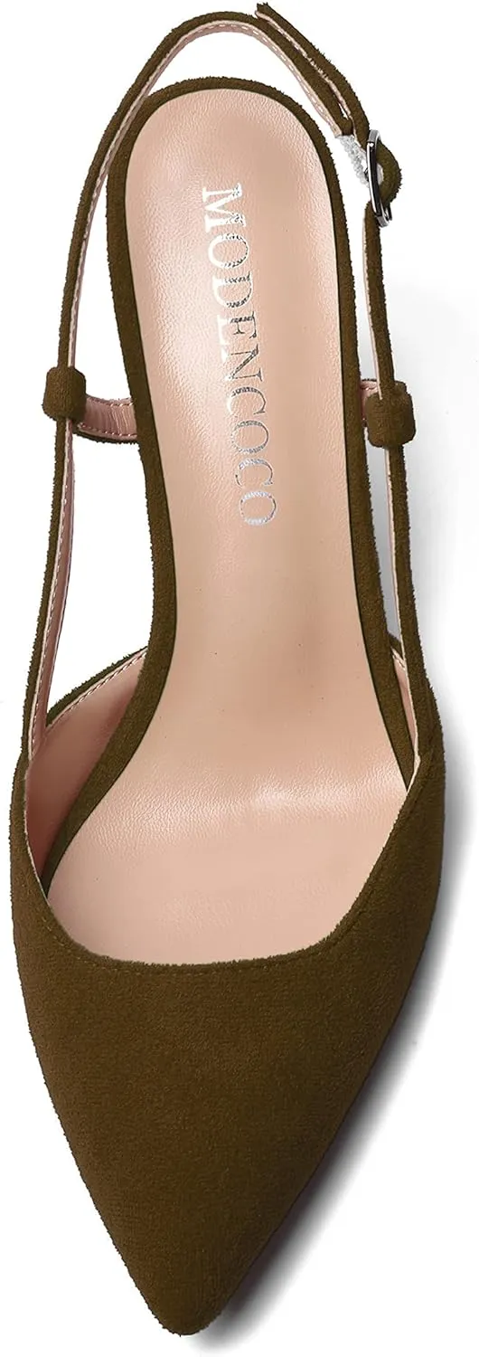 MODENCOCO Womens Pointed Toe Party Fashion Slingback Buckle Elegant Suede Chunky Mid Heel Pumps Dress Shoes 2.5 Inch