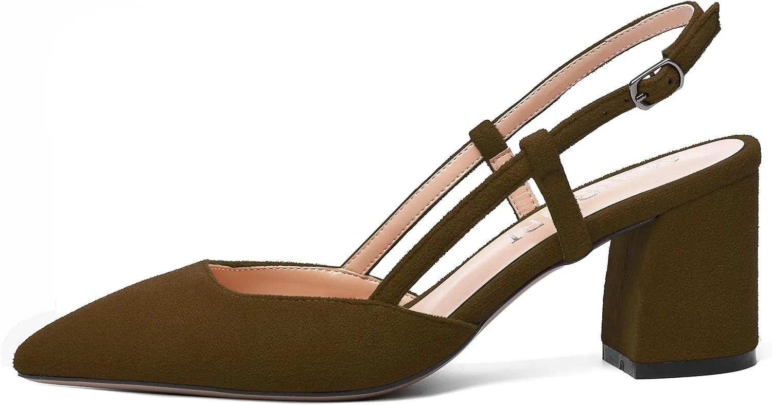 MODENCOCO Womens Pointed Toe Party Fashion Slingback Buckle Elegant Suede Chunky Mid Heel Pumps Dress Shoes 2.5 Inch