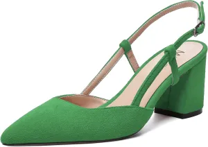 MODENCOCO Womens Pointed Toe Party Fashion Slingback Buckle Elegant Suede Chunky Mid Heel Pumps Dress Shoes 2.5 Inch