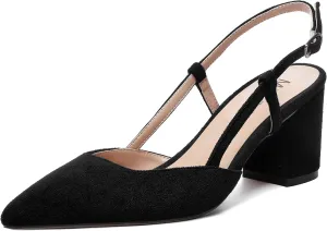 MODENCOCO Womens Pointed Toe Party Fashion Slingback Buckle Elegant Suede Chunky Mid Heel Pumps Dress Shoes 2.5 Inch