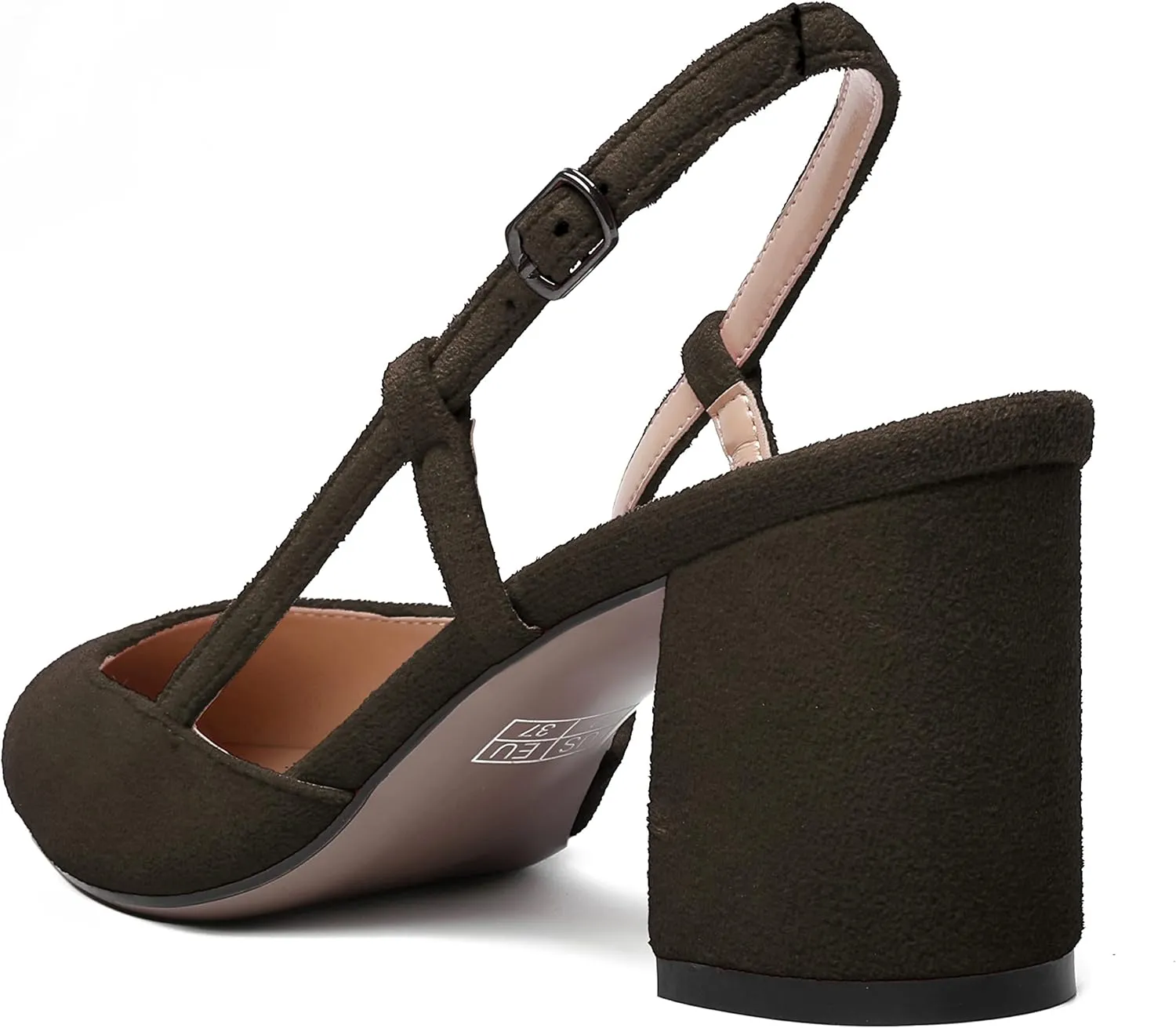 MODENCOCO Womens Pointed Toe Party Fashion Slingback Buckle Elegant Suede Chunky Mid Heel Pumps Dress Shoes 2.5 Inch