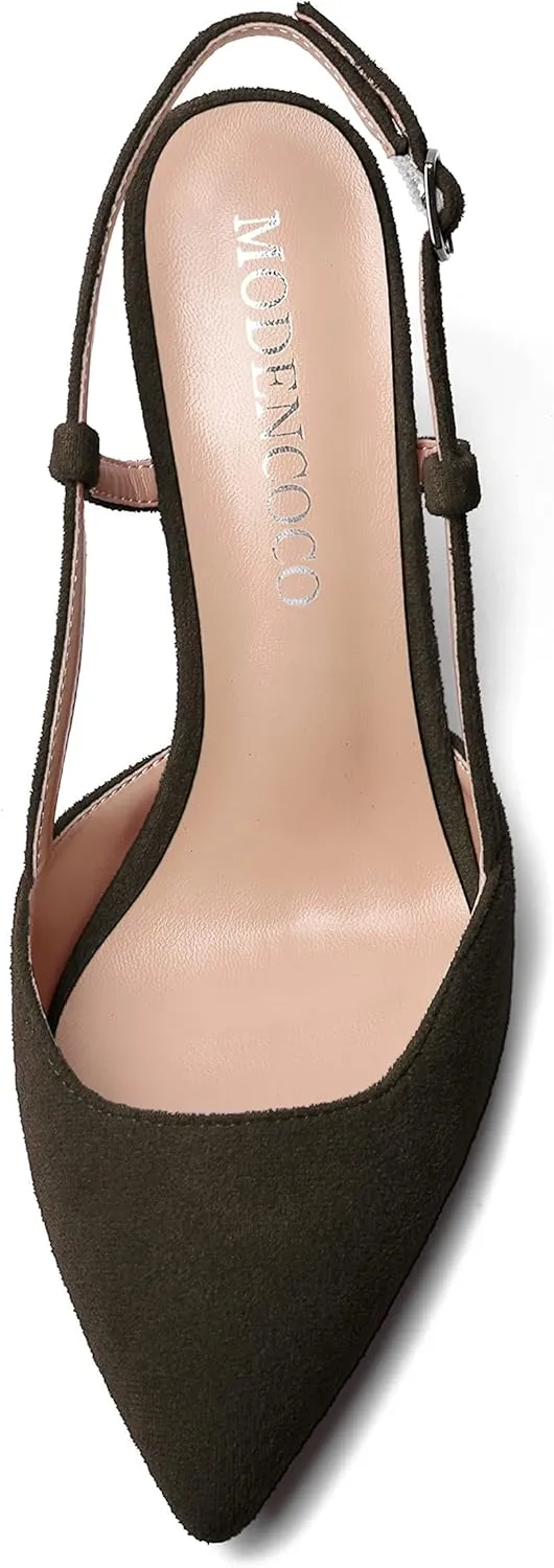 MODENCOCO Womens Pointed Toe Party Fashion Slingback Buckle Elegant Suede Chunky Mid Heel Pumps Dress Shoes 2.5 Inch