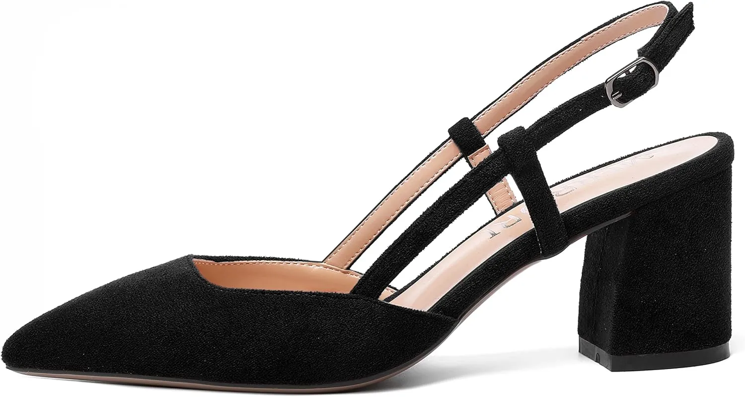 MODENCOCO Womens Pointed Toe Party Fashion Slingback Buckle Elegant Suede Chunky Mid Heel Pumps Dress Shoes 2.5 Inch
