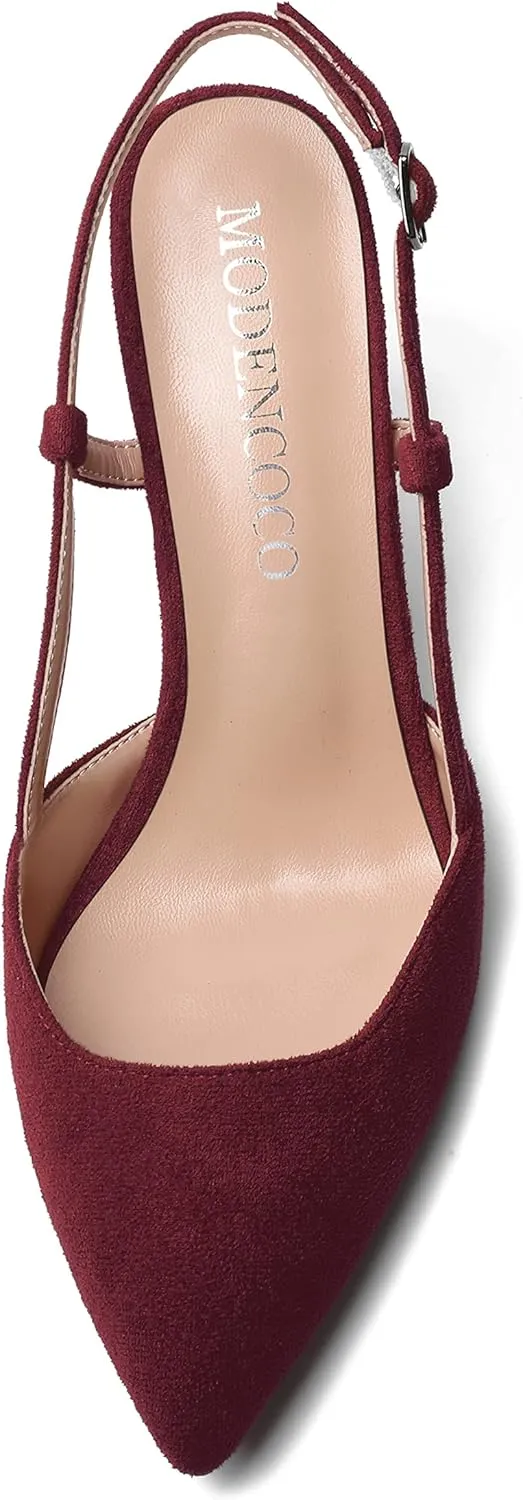 MODENCOCO Womens Pointed Toe Party Fashion Slingback Buckle Elegant Suede Chunky Mid Heel Pumps Dress Shoes 2.5 Inch
