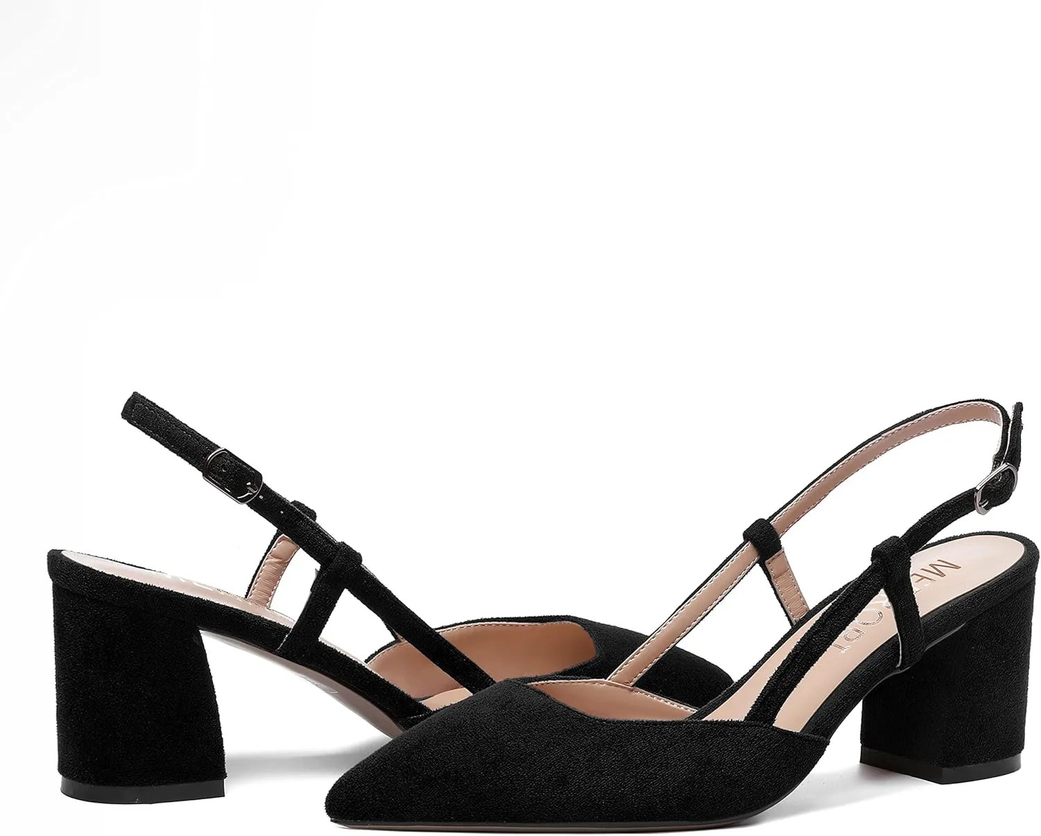 MODENCOCO Womens Pointed Toe Party Fashion Slingback Buckle Elegant Suede Chunky Mid Heel Pumps Dress Shoes 2.5 Inch