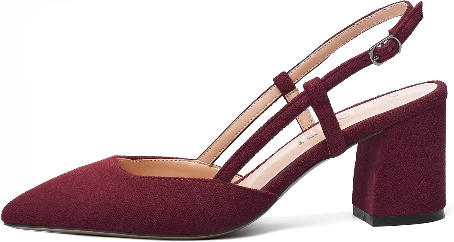 MODENCOCO Womens Pointed Toe Party Fashion Slingback Buckle Elegant Suede Chunky Mid Heel Pumps Dress Shoes 2.5 Inch