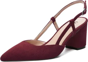 MODENCOCO Womens Pointed Toe Party Fashion Slingback Buckle Elegant Suede Chunky Mid Heel Pumps Dress Shoes 2.5 Inch
