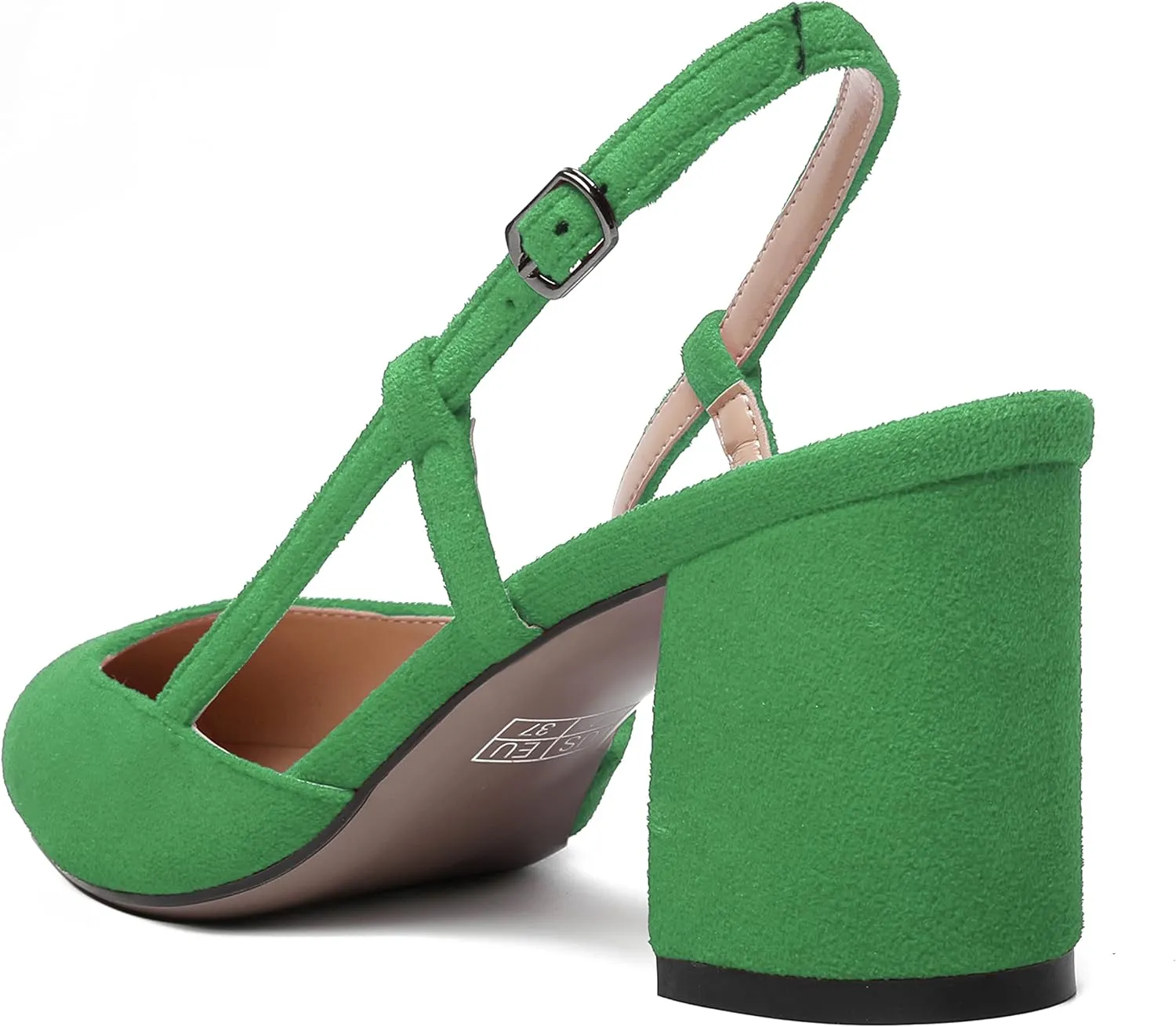MODENCOCO Womens Pointed Toe Party Fashion Slingback Buckle Elegant Suede Chunky Mid Heel Pumps Dress Shoes 2.5 Inch