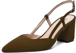 MODENCOCO Womens Pointed Toe Party Fashion Slingback Buckle Elegant Suede Chunky Mid Heel Pumps Dress Shoes 2.5 Inch