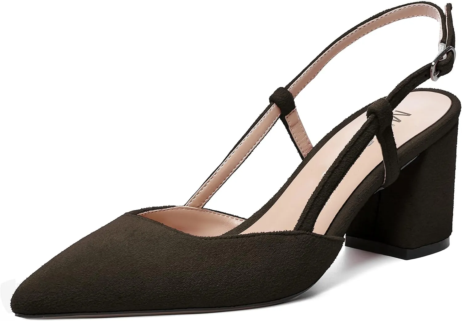 MODENCOCO Womens Pointed Toe Party Fashion Slingback Buckle Elegant Suede Chunky Mid Heel Pumps Dress Shoes 2.5 Inch