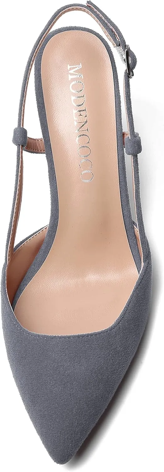 MODENCOCO Womens Pointed Toe Party Fashion Slingback Buckle Elegant Suede Chunky Mid Heel Pumps Dress Shoes 2.5 Inch