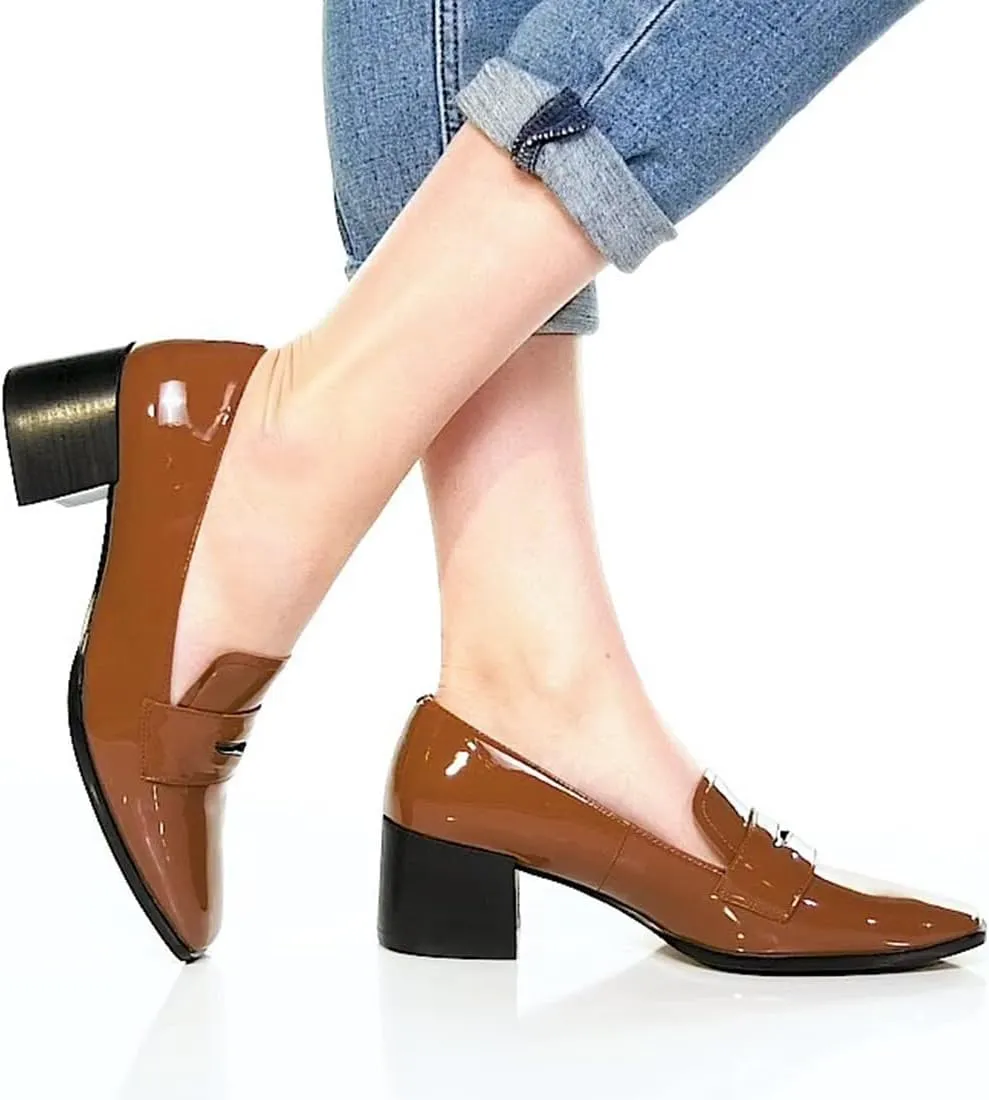 MOOMMO Women Chunky Block Heel Pumps Square Closed Toe Patent Leather Penny Loafers Slip On Mid Thick Heels Oxford Shoes Office Lady Business Professional Work Loafer Classic Elegant Comfort 4-11 M US