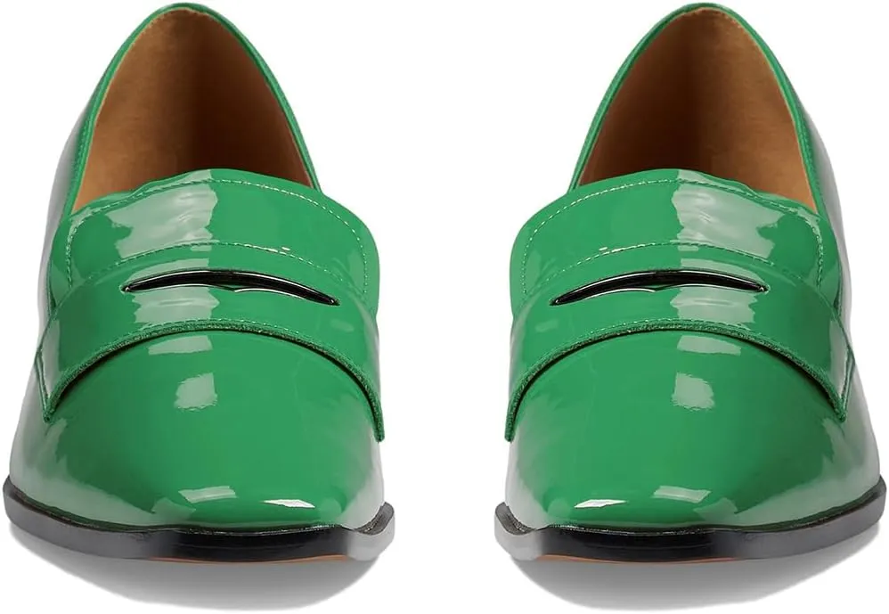 MOOMMO Women Chunky Block Heel Pumps Square Closed Toe Patent Leather Penny Loafers Slip On Mid Thick Heels Oxford Shoes Office Lady Business Professional Work Loafer Classic Elegant Comfort 4-11 M US