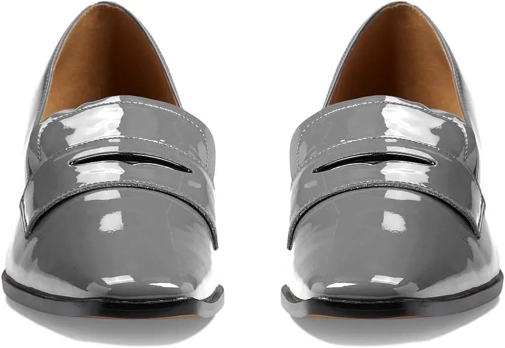 MOOMMO Women Chunky Block Heel Pumps Square Closed Toe Patent Leather Penny Loafers Slip On Mid Thick Heels Oxford Shoes Office Lady Business Professional Work Loafer Classic Elegant Comfort 4-11 M US
