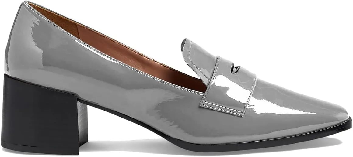 MOOMMO Women Chunky Block Heel Pumps Square Closed Toe Patent Leather Penny Loafers Slip On Mid Thick Heels Oxford Shoes Office Lady Business Professional Work Loafer Classic Elegant Comfort 4-11 M US