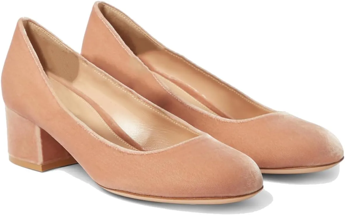 MOOMMO Women Vintage Chunky Block Heel Velvet Pumps Round Closed Toe Slip On 2" Low Thick Heels Dress Shoes Fashion Office Work Pump Basic Shoe Classic Spring Elegant Wedding Party 4-11 M US