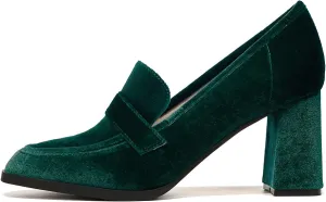MOOMMO Women Vintage Chunky Block High Heel Pumps Shoes Square Closed Toe Slip On Velvet Penny Loafers 3" Thick Heels Oxford Loafer Office Ladies Formal Business Work Shoe Dressy Fall Basic 4-11 M US