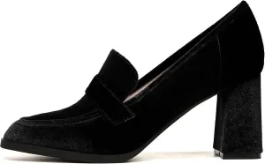 MOOMMO Women Vintage Chunky Block High Heel Pumps Shoes Square Closed Toe Slip On Velvet Penny Loafers 3" Thick Heels Oxford Loafer Office Ladies Formal Business Work Shoe Dressy Fall Basic 4-11 M US