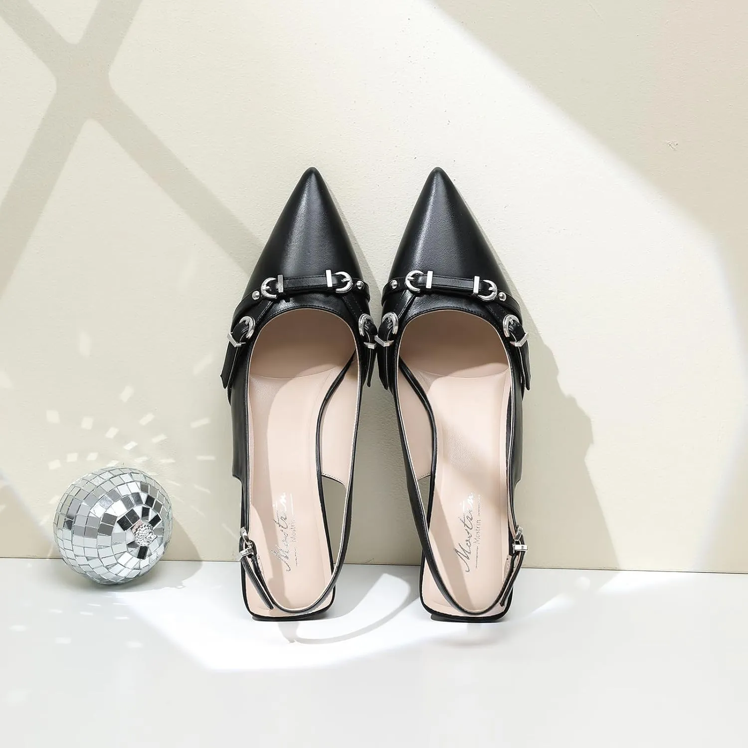 Mostrin Kitten Heels for Women Pointed Toe Pumps Patent Leather Low Heel Slingback Heels with Buckle Dress Shoes for Dating Party Working