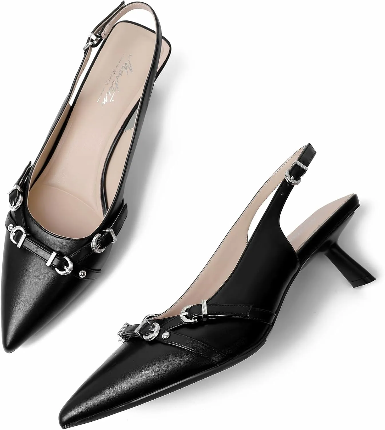 Mostrin Kitten Heels for Women Pointed Toe Pumps Patent Leather Low Heel Slingback Heels with Buckle Dress Shoes for Dating Party Working