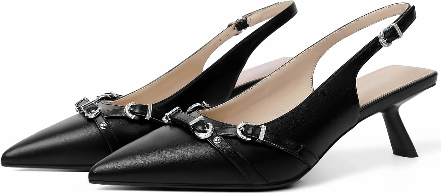 Mostrin Kitten Heels for Women Pointed Toe Pumps Patent Leather Low Heel Slingback Heels with Buckle Dress Shoes for Dating Party Working