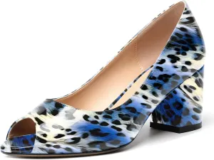 MOVINSTEPS Womens Slip On Dating Peep Toe Dress Patent Block Mid Heel Pumps Shoes 2.5 Inch