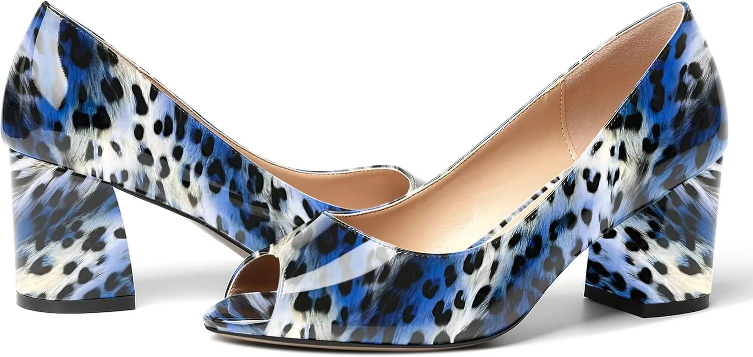 MOVINSTEPS Womens Slip On Dating Peep Toe Dress Patent Block Mid Heel Pumps Shoes 2.5 Inch