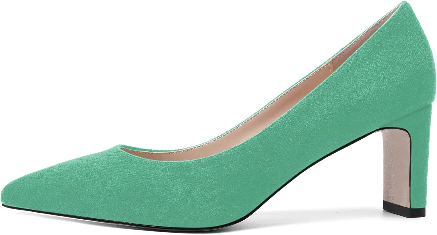 MOVINSTEPS Womens Slip On Party Suede Pointed Toe Sexy Block Mid Heel Pumps Shoes 2.5 Inch