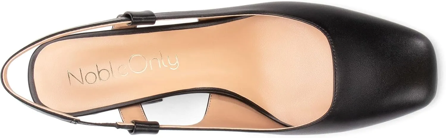 NobleOnly Womens Slingback Chunky Heels Pumps Comfortable Leather Square-Toe Block Mid-Heels Office Classic Shoes 7.5 CM Heel