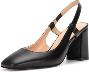 NobleOnly Womens Slingback Chunky Heels Pumps Comfortable Leather Square-Toe Block Mid-Heels Office Classic Shoes 7.5 CM Heel