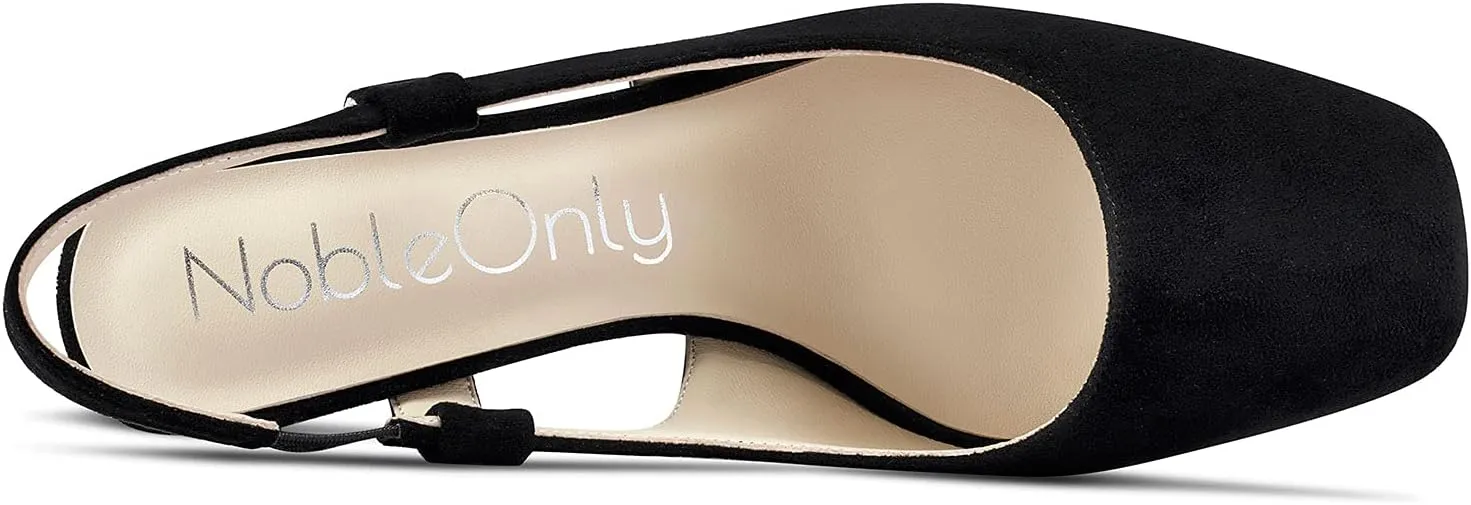 NobleOnly Womens Slingback Chunky Heels Pumps Comfortable Leather Square-Toe Block Mid-Heels Office Classic Shoes 7.5 CM Heel