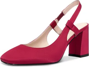 NobleOnly Womens Slingback Chunky Heels Pumps Comfortable Leather Square-Toe Block Mid-Heels Office Classic Shoes 7.5 CM Heel