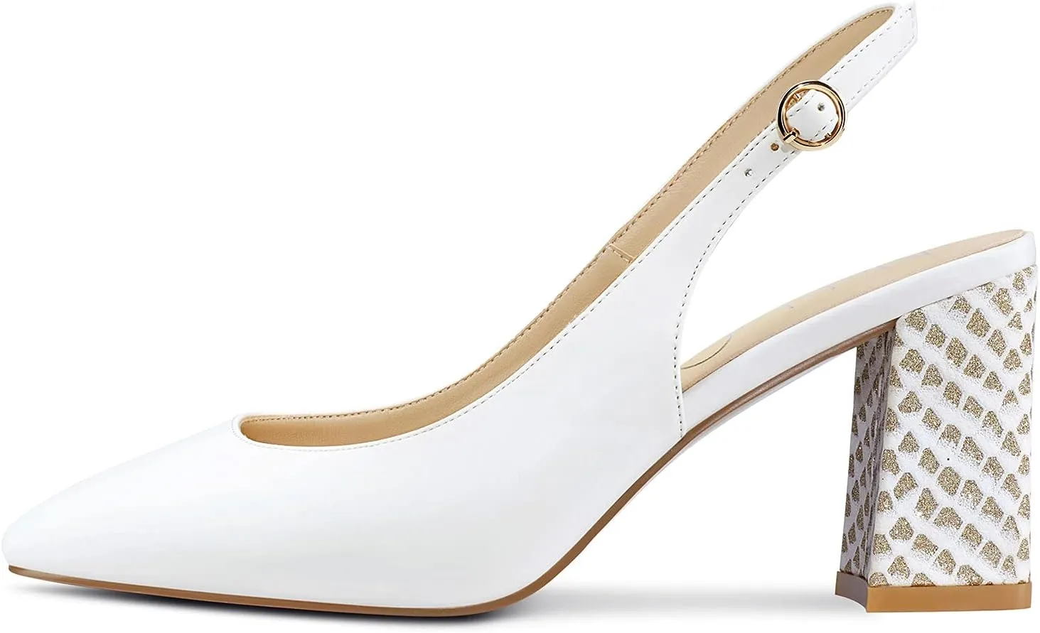 NobleOnly Womens Slingback Chunky Heels Pumps Comfortable Leather Square-Toe Block Mid-Heels Office Classic Shoes 7.5 CM Heel