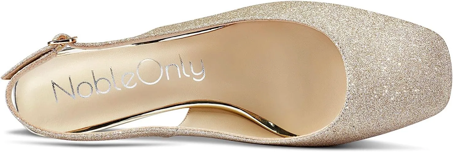 NobleOnly Womens Slingback Chunky Heels Pumps Comfortable Leather Square-Toe Block Mid-Heels Office Classic Shoes 7.5 CM Heel