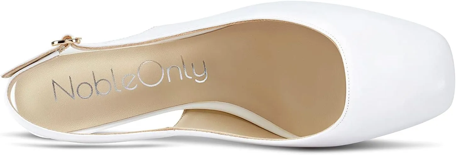 NobleOnly Womens Slingback Chunky Heels Pumps Comfortable Leather Square-Toe Block Mid-Heels Office Classic Shoes 7.5 CM Heel