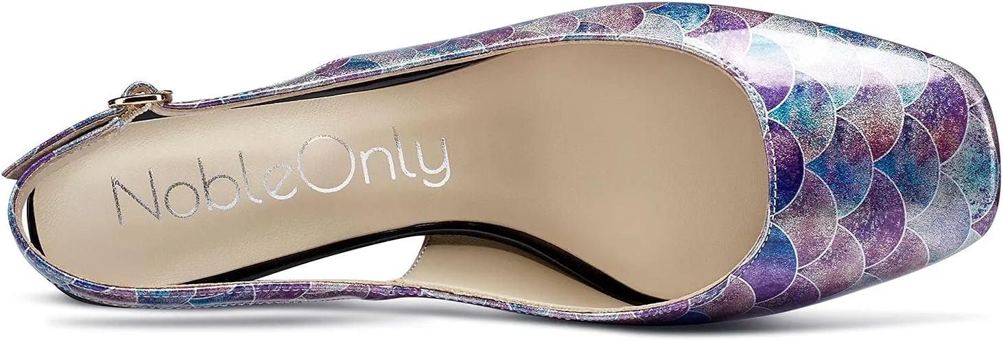 NobleOnly Womens Slingback Chunky Heels Pumps Comfortable Leather Square-Toe Block Mid-Heels Office Classic Shoes 7.5 CM Heel