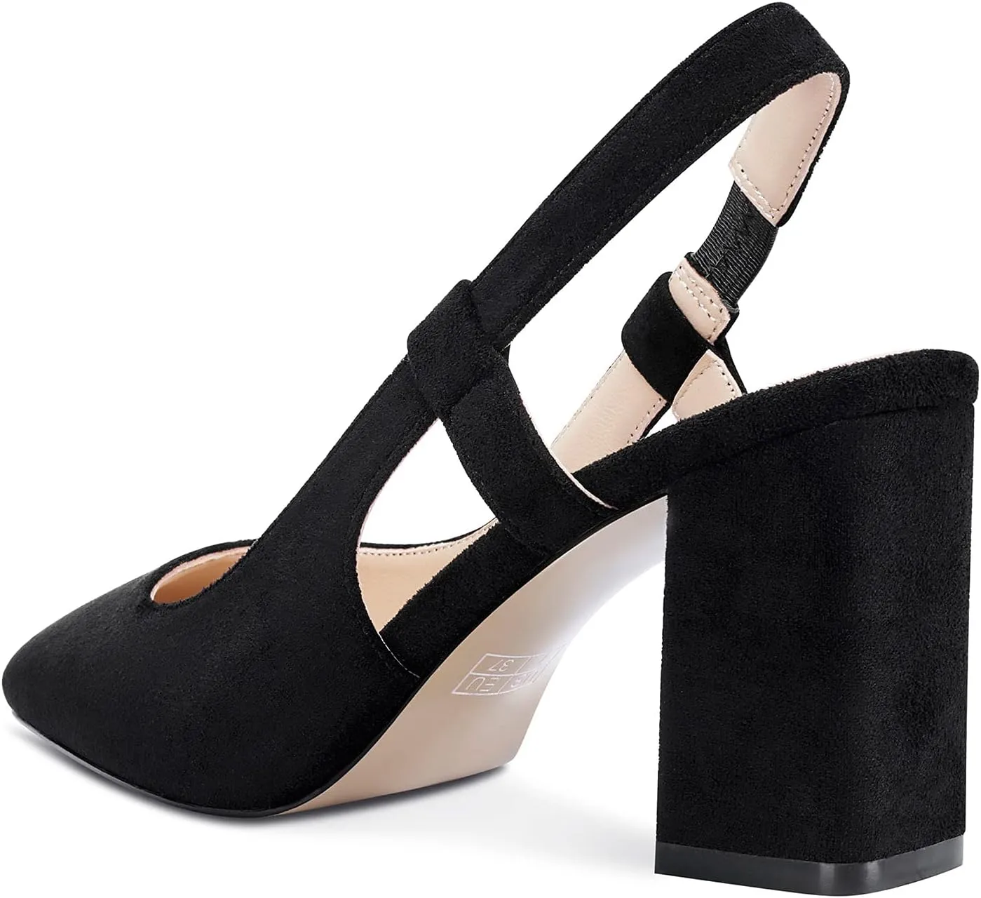 NobleOnly Womens Slingback Chunky Heels Pumps Comfortable Leather Square-Toe Block Mid-Heels Office Classic Shoes 7.5 CM Heel