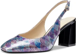 NobleOnly Womens Slingback Chunky Heels Pumps Comfortable Leather Square-Toe Block Mid-Heels Office Classic Shoes 7.5 CM Heel