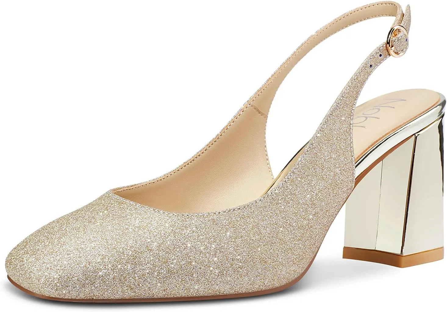 NobleOnly Womens Slingback Chunky Heels Pumps Comfortable Leather Square-Toe Block Mid-Heels Office Classic Shoes 7.5 CM Heel
