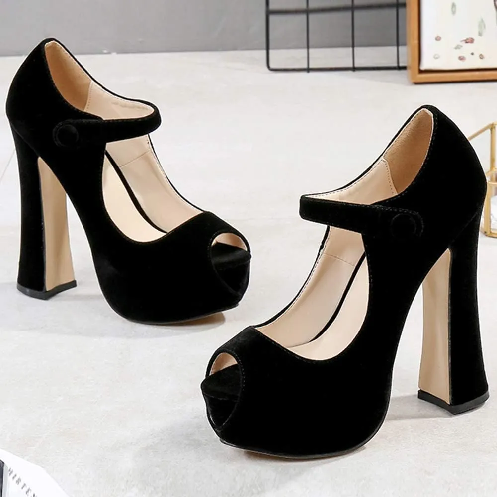 OCHENTA Women's Peep Toe Platform High Heels Ankle Strap Pumps Chunky Heels for Party Daily Wear