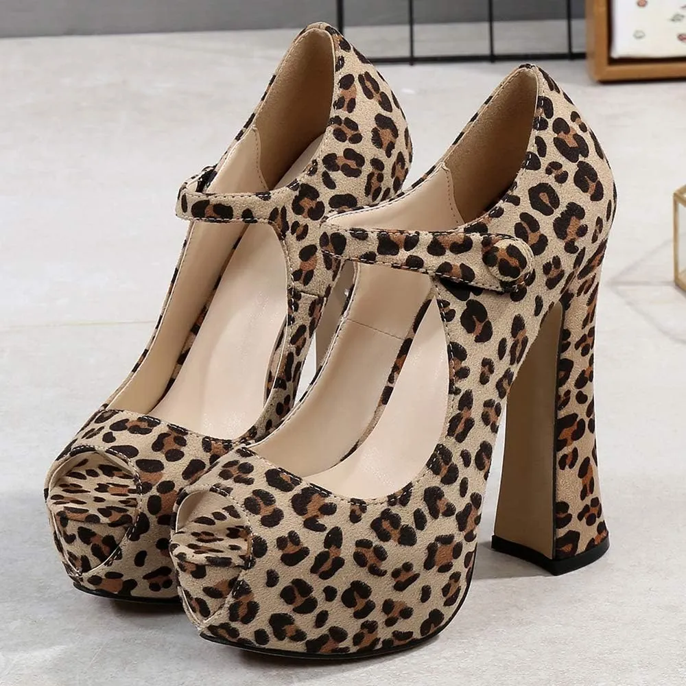 OCHENTA Women's Peep Toe Platform High Heels Ankle Strap Pumps Chunky Heels for Party Daily Wear